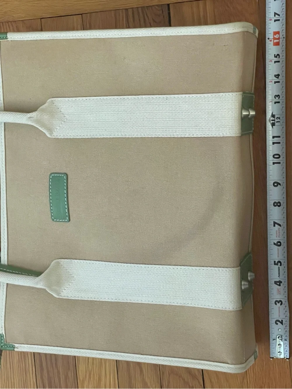 Rare Dooney & Bourke Neutral Canvas Laptop Bag with Green Leather Trim